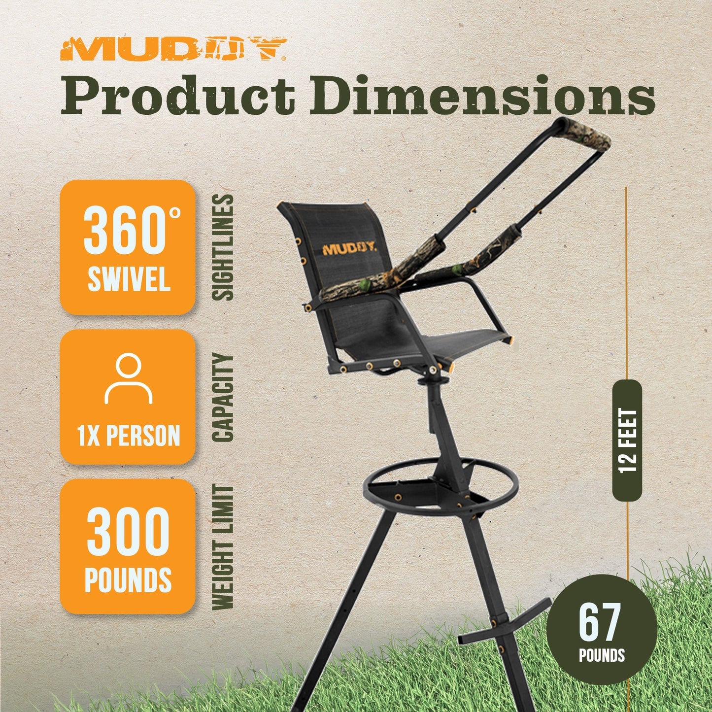 Muddy MUD - MTP8100 Nomad 12 Foot High Deer Hunting Tri - Pod Stand with Swivel Seat - Angler's Pro Tackle & Outdoors