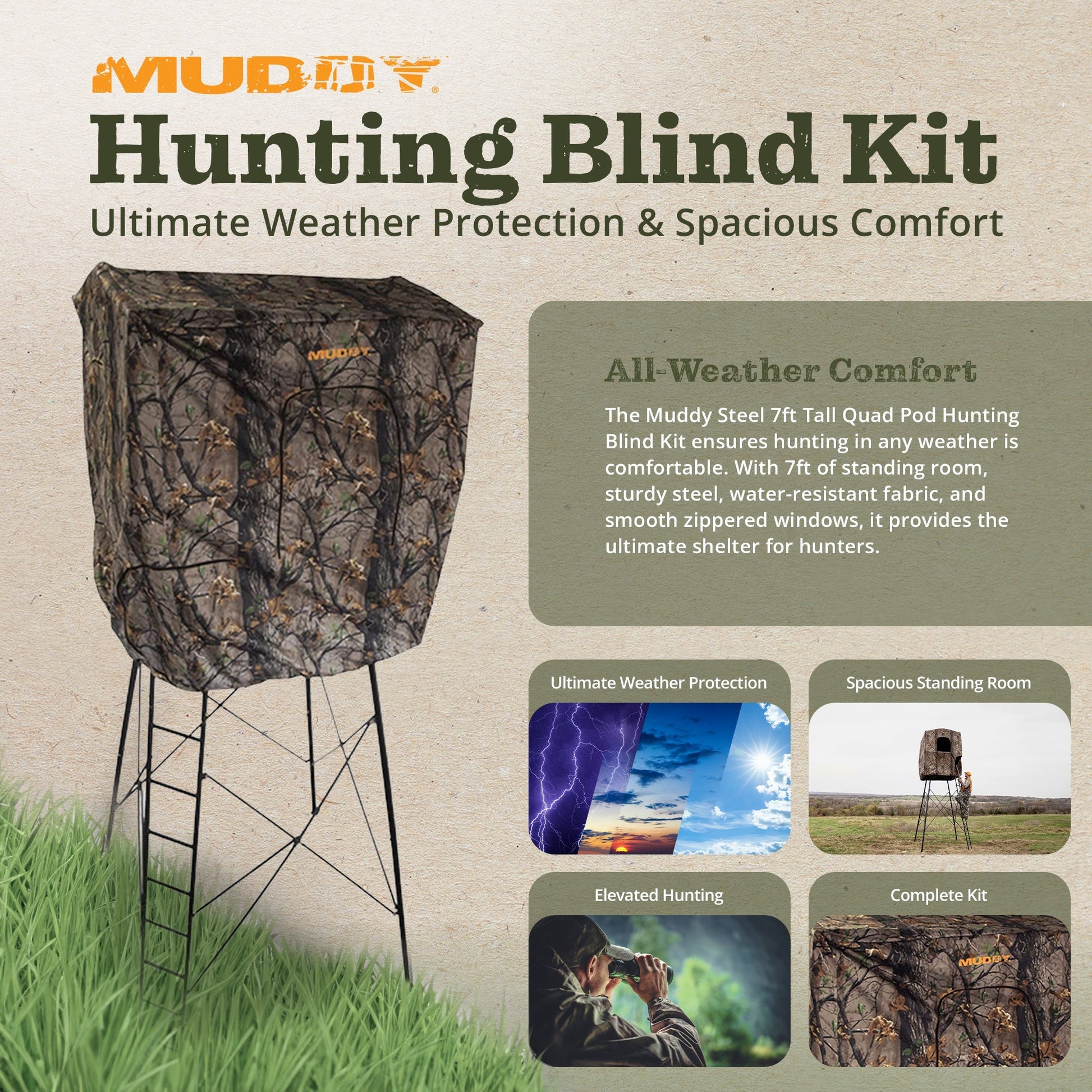 Muddy Steel 7 Foot Tall Quad Pod Hunting Blind w/ 4 Zippered Windows, Camouflage - Angler's Pro Tackle & Outdoors