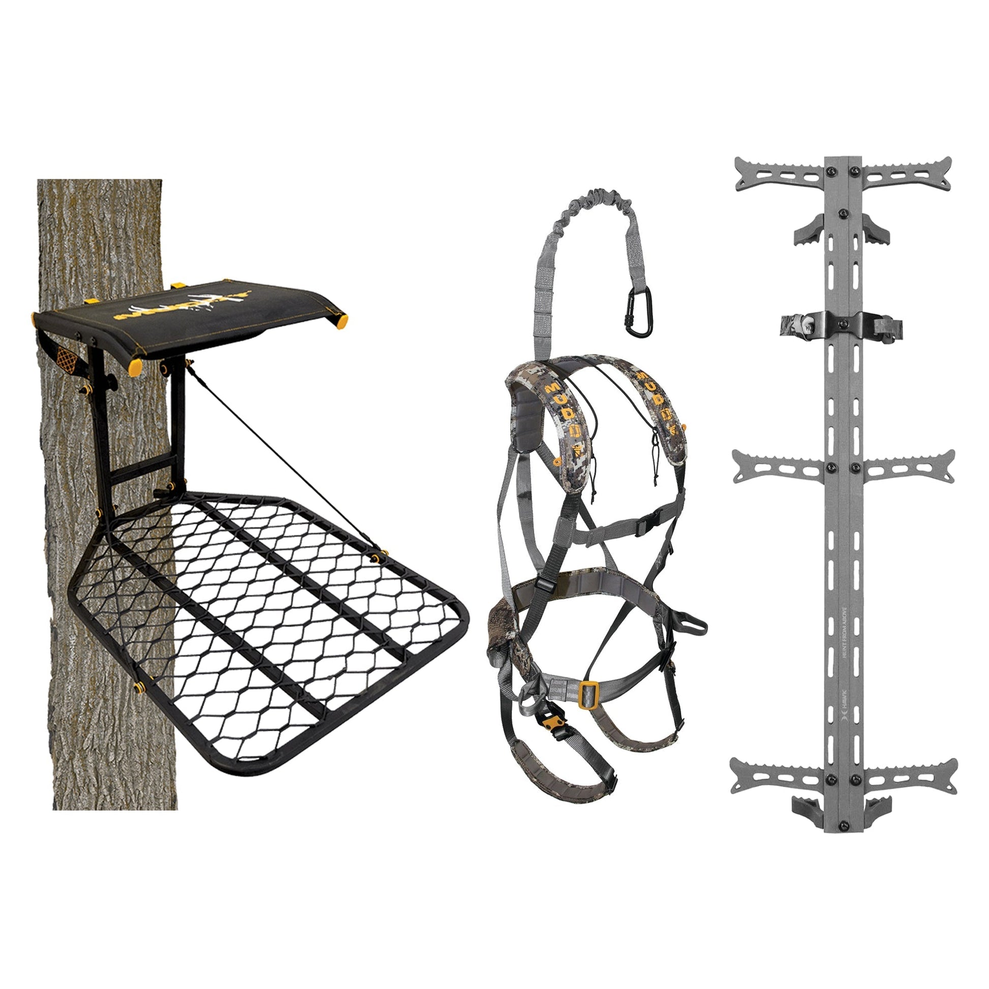 Muddy The Boss Tree Stand, Ambush Safety Harness & Hawk Set of 3 Climbing Sticks - Angler's Pro Tackle & Outdoors