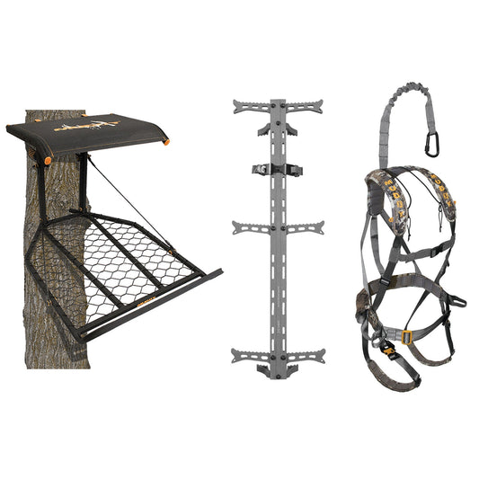 Muddy The Boss XL Tree Stand, Ambush Harness & Hawk Set of 3 Climbing Sticks - Angler's Pro Tackle & Outdoors