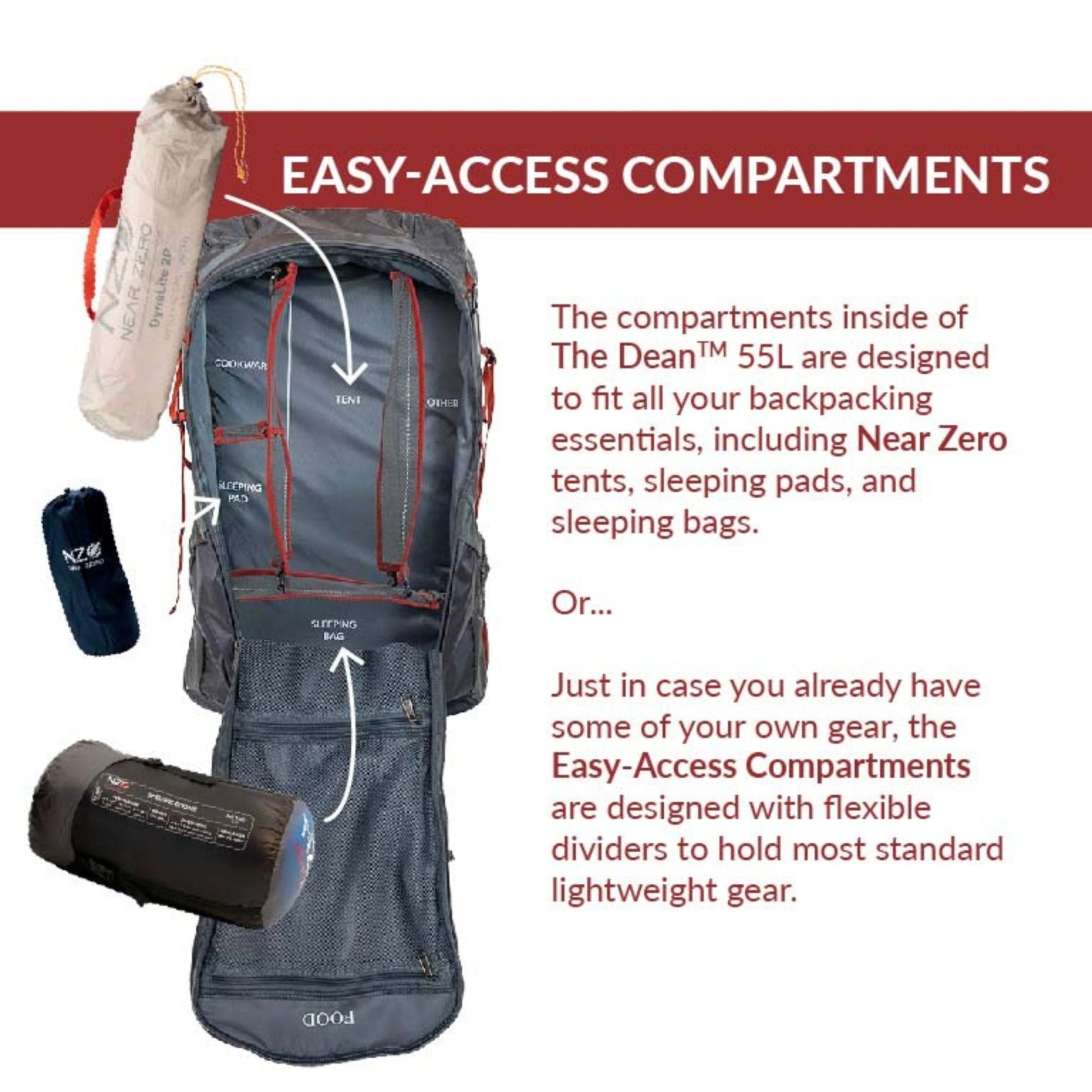 Near Zero THE DEAN™ Hiking Backpack 55L - Adjustable Torso - Angler's Pro Tackle & Outdoors