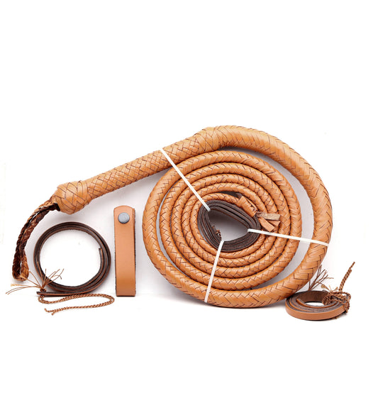 KBS Knives Handmade Tan Leather Bull Whip – 16-Plait Braided Whip for Whipcracking
