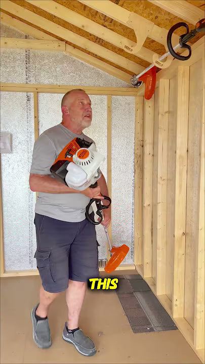 HangThis Up - Ceiling Weed Wacker Organizer, hangs from ceiling rafters in shed, easy to install, fits all weed wackers