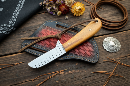 Frontier Cowboy Gear Bull Cutter Knife – Rasp Tool Steel Blade & Olivewood Handle with Leather Sheath | 7.5"