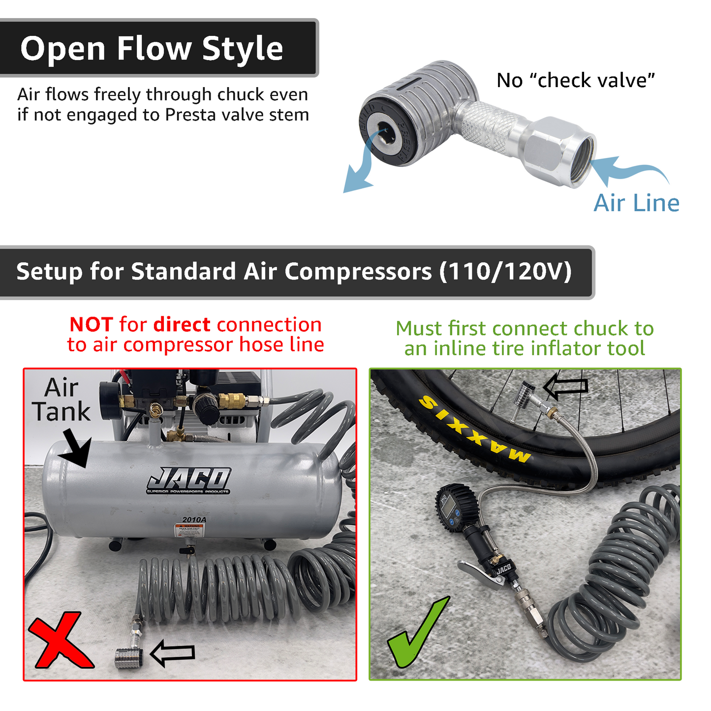 Jaco Lightning™ XP Locking Presta Air Chuck for Bike Tires - 1/4" F-NPT (Presta Valves)