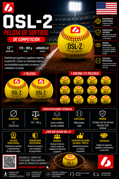 Barnett OSL-2 Competition softball, size 12", yellow, 1 dozen