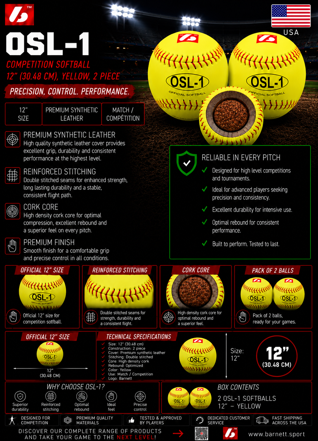 Barnett OSL-1 High competition softball, size 12", yellow, 1 dozen