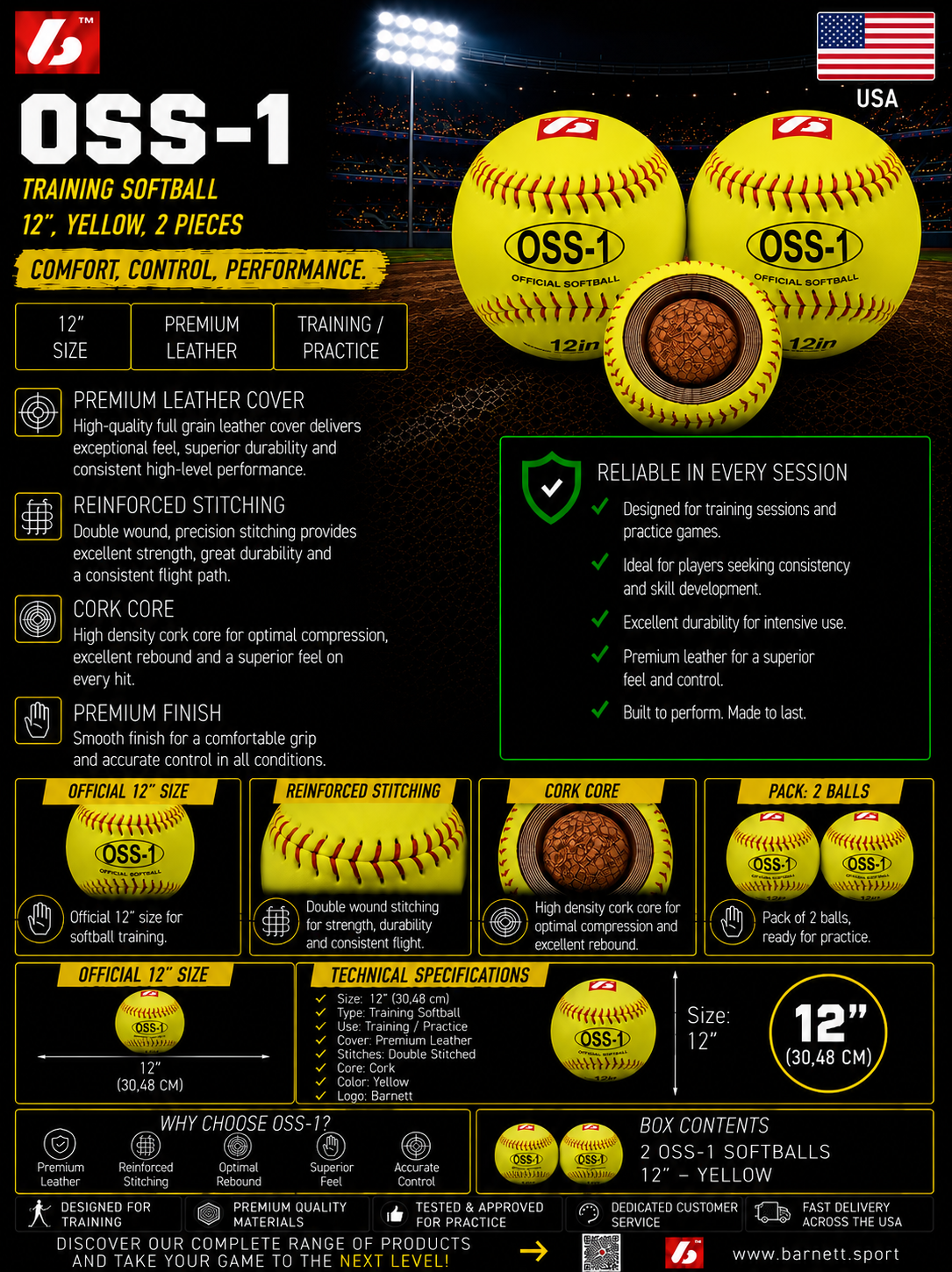 Barnett OSS-1 Practice softball ball, size 12", yellow, 1 dozen