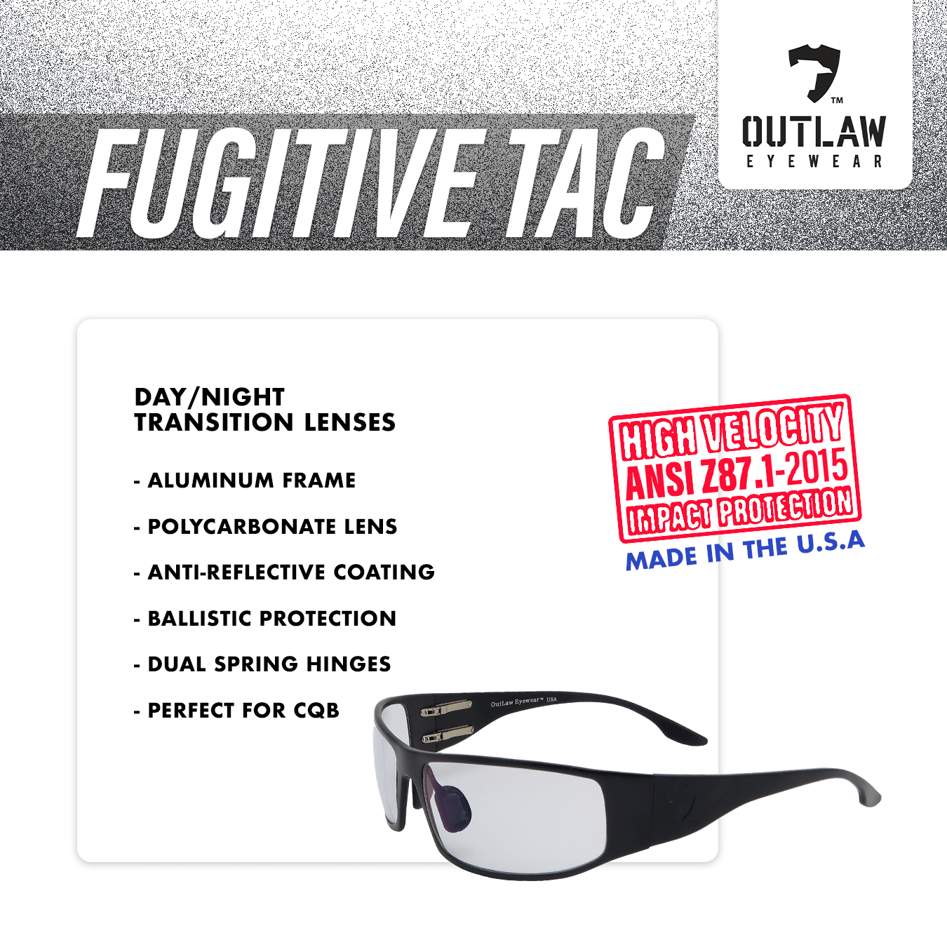 Outlaw Eyewear - Fugitive TAC Black / Pathfinder 4.0 Transition - ANSI Z87.1-2015 - Angler's Pro Tackle & Outdoors