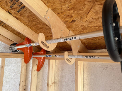 HangThis Up - Ceiling Weed Wacker Organizer, hangs from ceiling rafters in shed, easy to install, fits all weed wackers