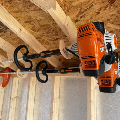HangThis Up - Ceiling Weed Wacker Organizer, hangs from ceiling rafters in shed, easy to install, fits all weed wackers