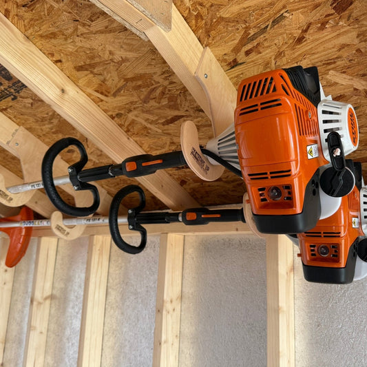 HangThis Up - Ceiling Weed Wacker Organizer, hangs from ceiling rafters in shed, easy to install, fits all weed wackers