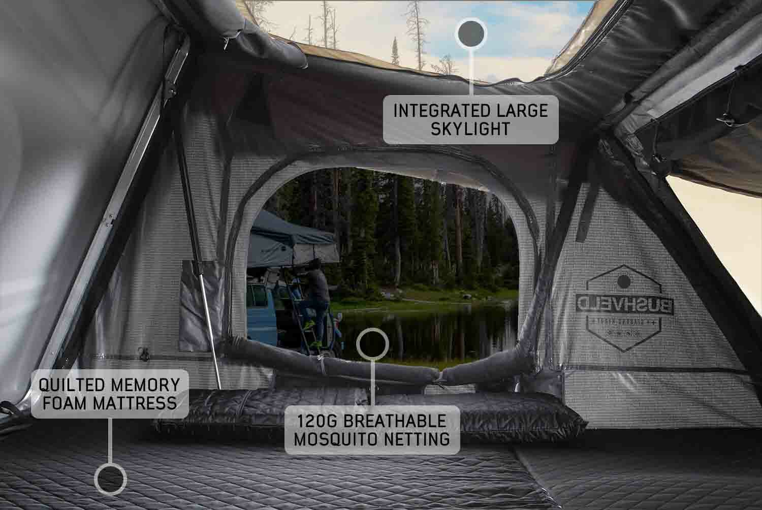 Overland Vehicle Systems HD Bushveld II Cantilever Hard Shell Roof Top Tent Grey Body & Tan Rainfly - Angler's Pro Tackle & Outdoors