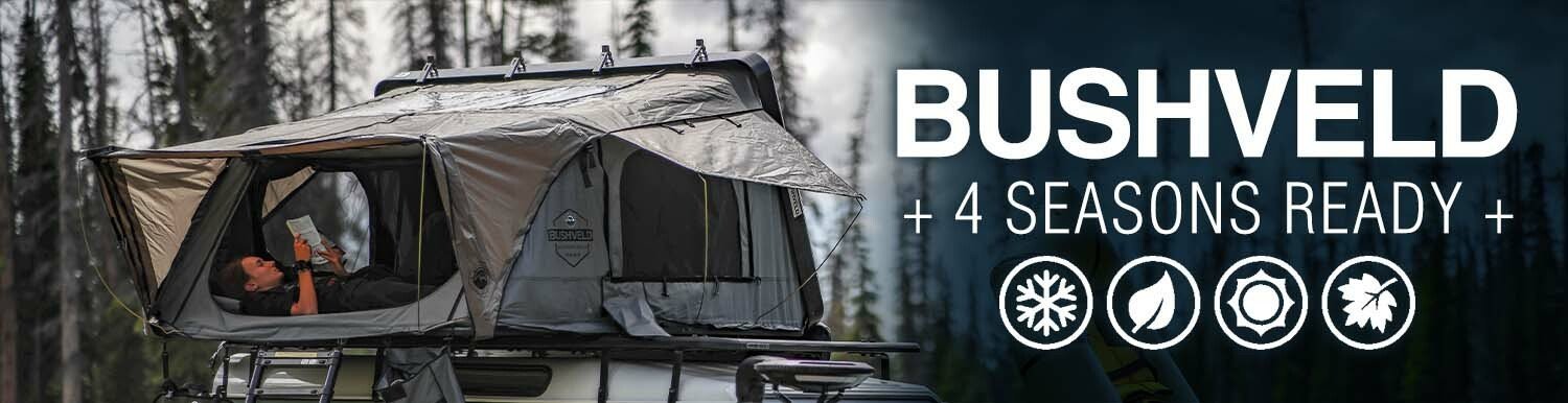 Overland Vehicle Systems HD Bushveld II Cantilever Hard Shell Roof Top Tent Grey Body & Tan Rainfly - Angler's Pro Tackle & Outdoors