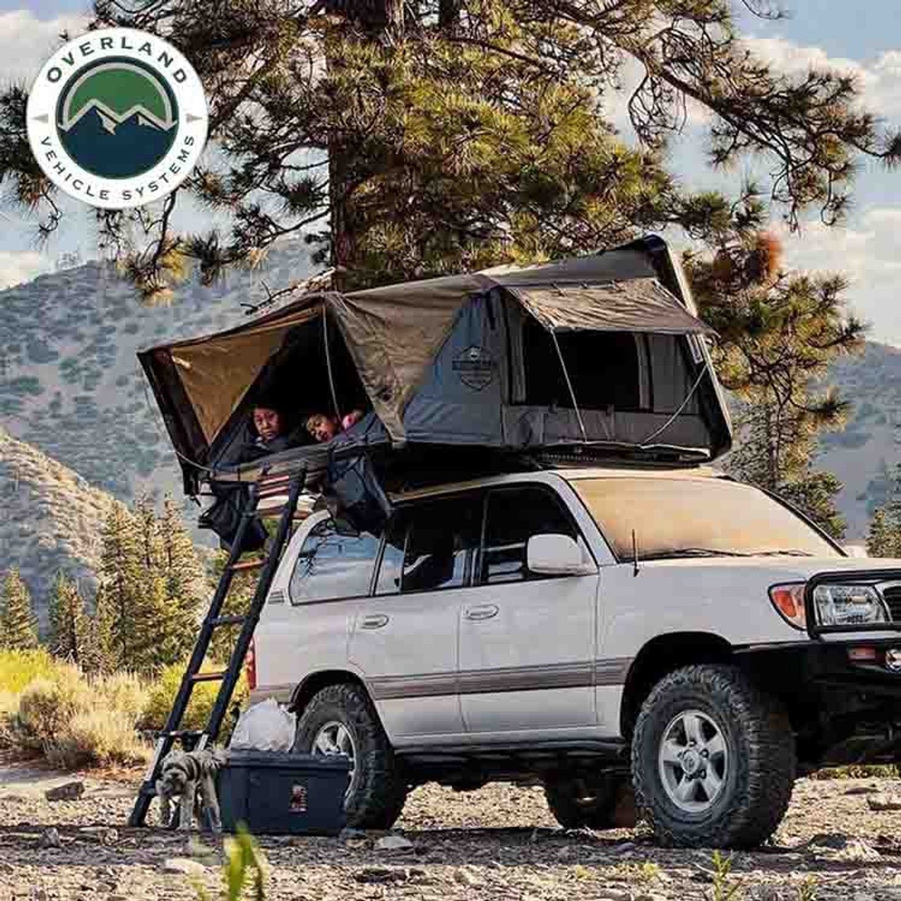Overland Vehicle Systems HD Bushveld II Cantilever Hard Shell Roof Top Tent Grey Body & Tan Rainfly - Angler's Pro Tackle & Outdoors