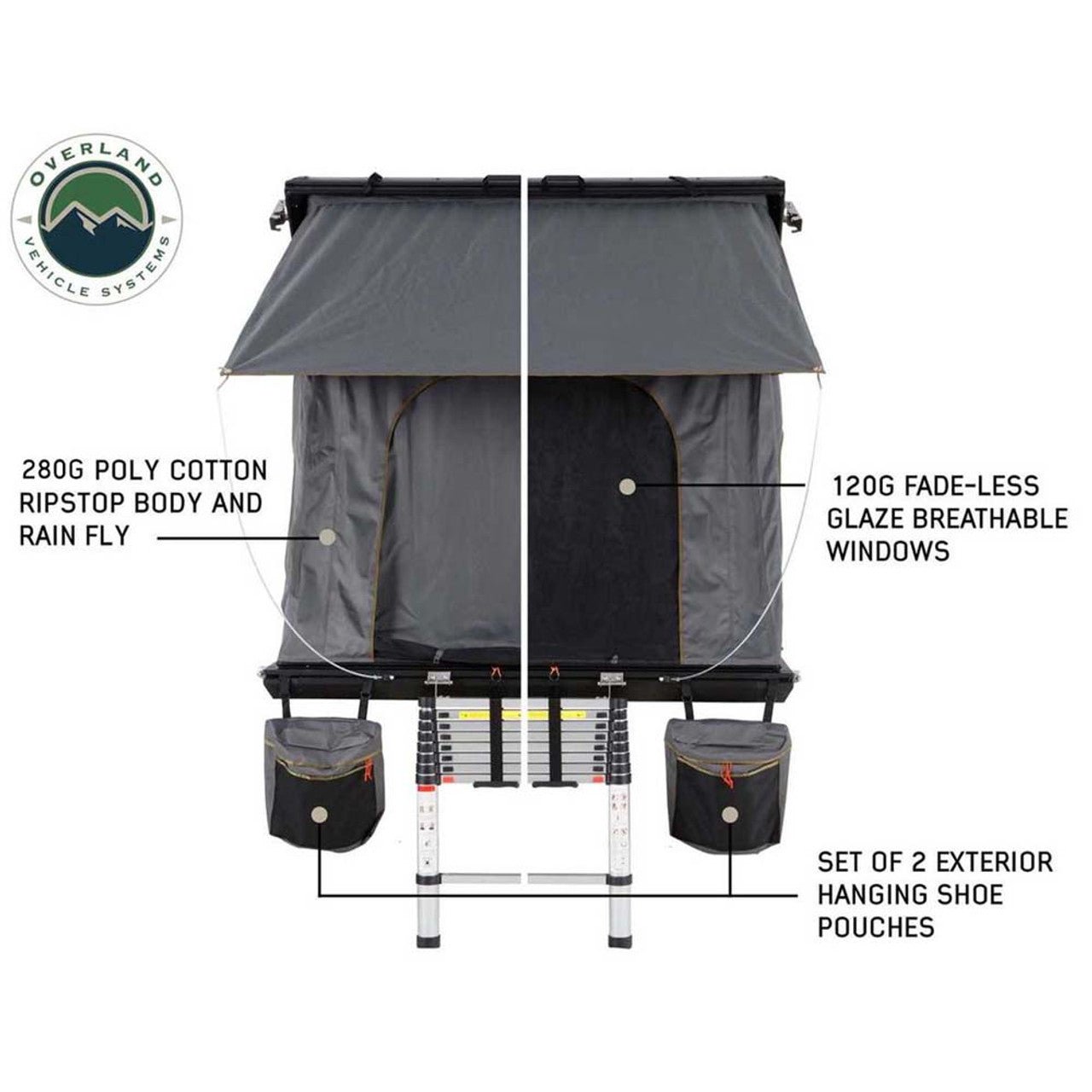 Overland Vehicle Systems HD Mamba Clam Shell Aluminum Hard Shell Roof Top Tent, Grey Body & Green Trim - Angler's Pro Tackle & Outdoors