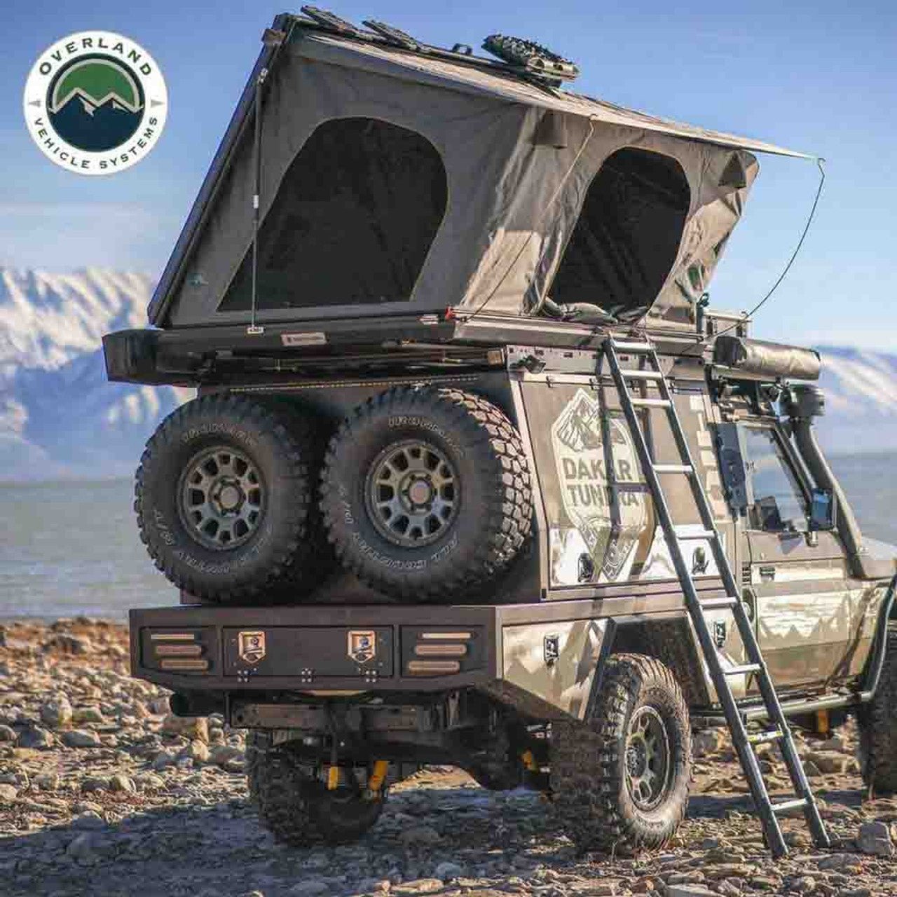 Overland Vehicle Systems HD Sidewinder Side Load Aluminum Hard Shell Roof Top Tent, Grey Body & Green Trim - Angler's Pro Tackle & Outdoors