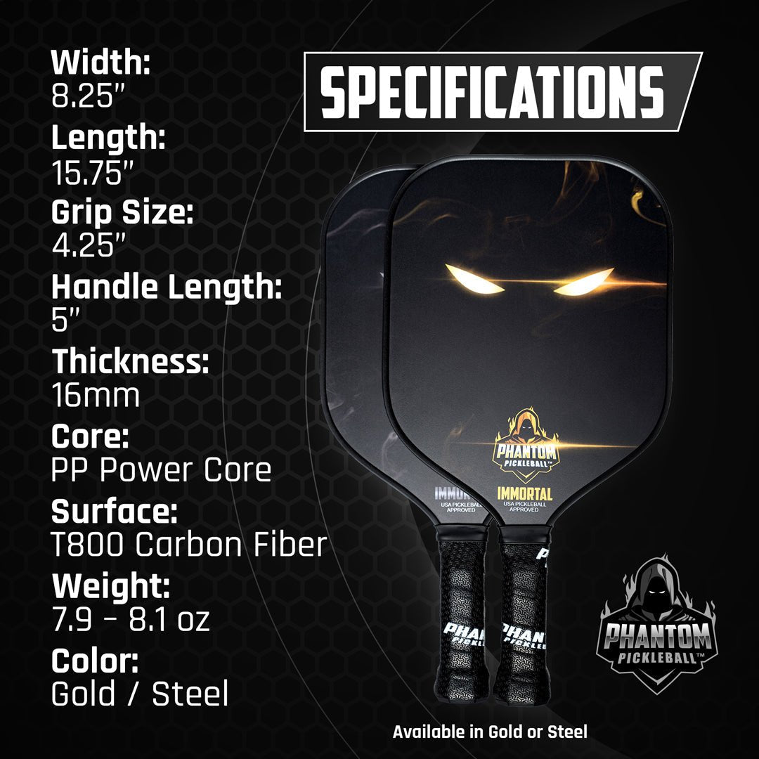 PHANTOM IMMORTAL 16MM T800 Carbon Fiber Pickleball Pro Paddle with Cover - Angler's Pro Tackle & Outdoors