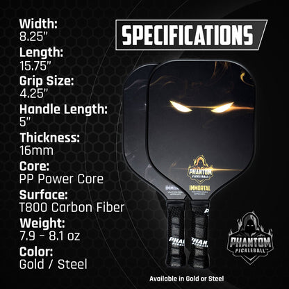 PHANTOM IMMORTAL 16MM T800 Carbon Fiber Pickleball Pro Paddle with Cover - Angler's Pro Tackle & Outdoors