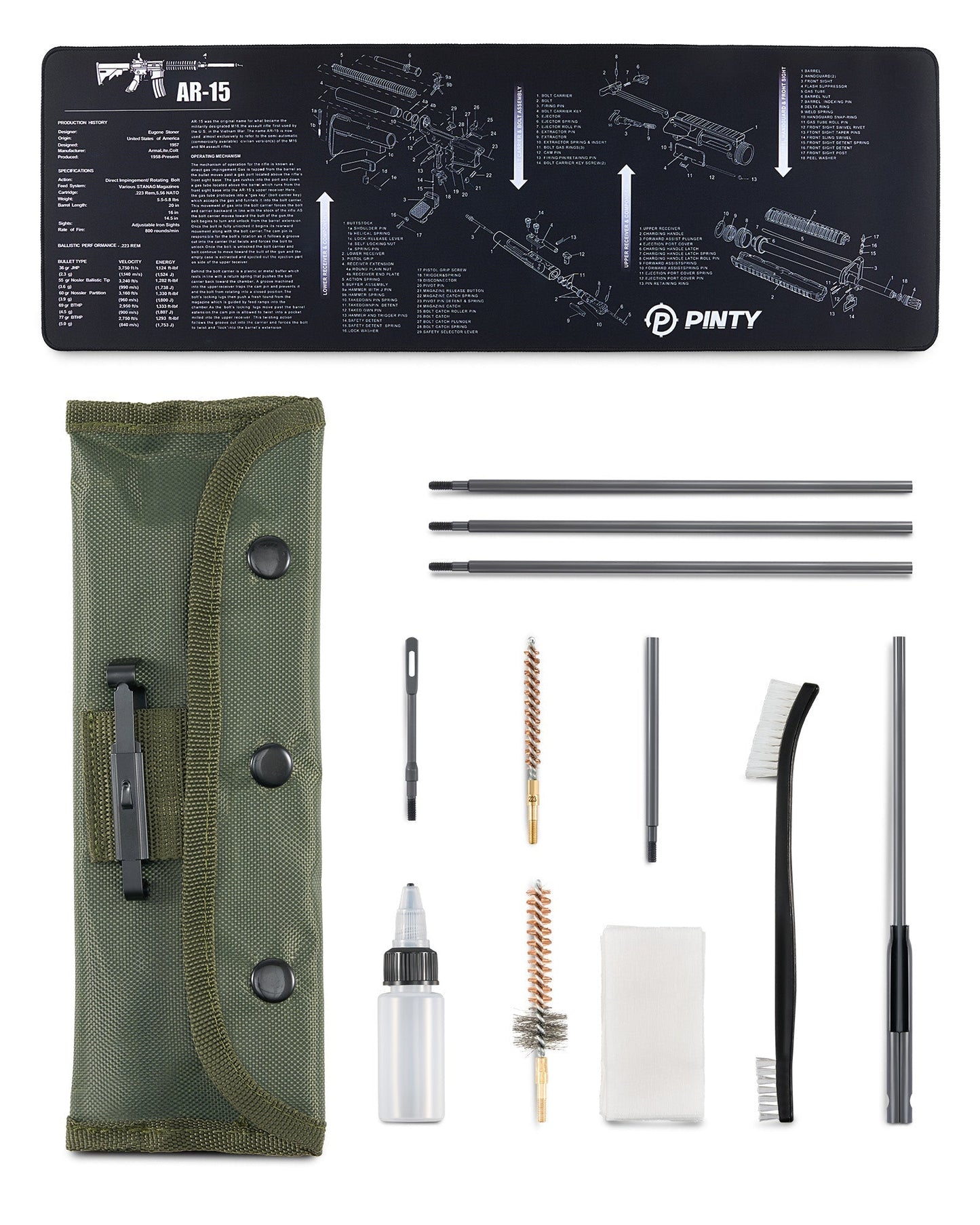 Pinty Scopes Rifle Cleaning Kit with 35.8 x 12 in Cleaning Mat Brushes Cleaning Rods Patch Canvas Pouch - Angler's Pro Tackle & Outdoors