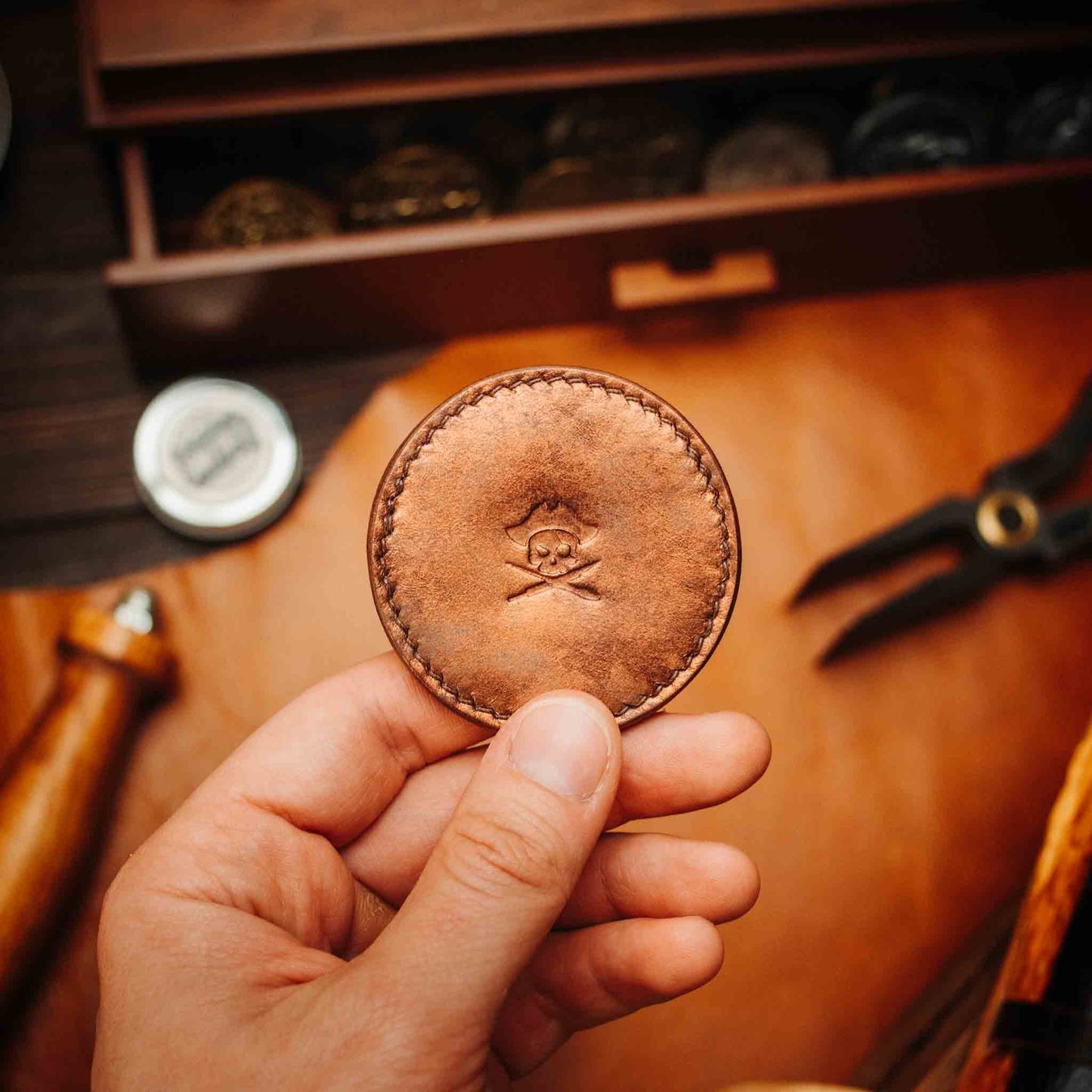 Pirate Goods Round Coin Holder - Peso Pocket v2 | Challenge Coin Case | Handcrafted Leather - Angler's Pro Tackle & Outdoors