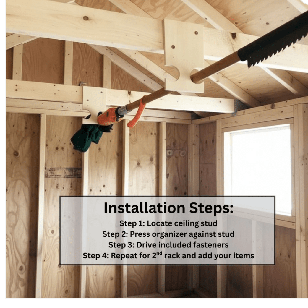 HangThis Up - Pole Saw and Long Pool Equipment Organizer, shed organization, yard shed, garden shed