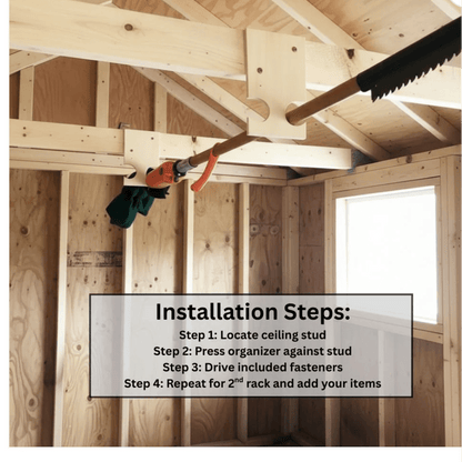 HangThis Up - Pole Saw and Long Pool Equipment Organizer, shed organization, yard shed, garden shed