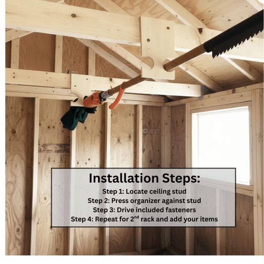 HangThis Up - Pole Saw and Long Pool Equipment Organizer, shed organization, yard shed, garden shed
