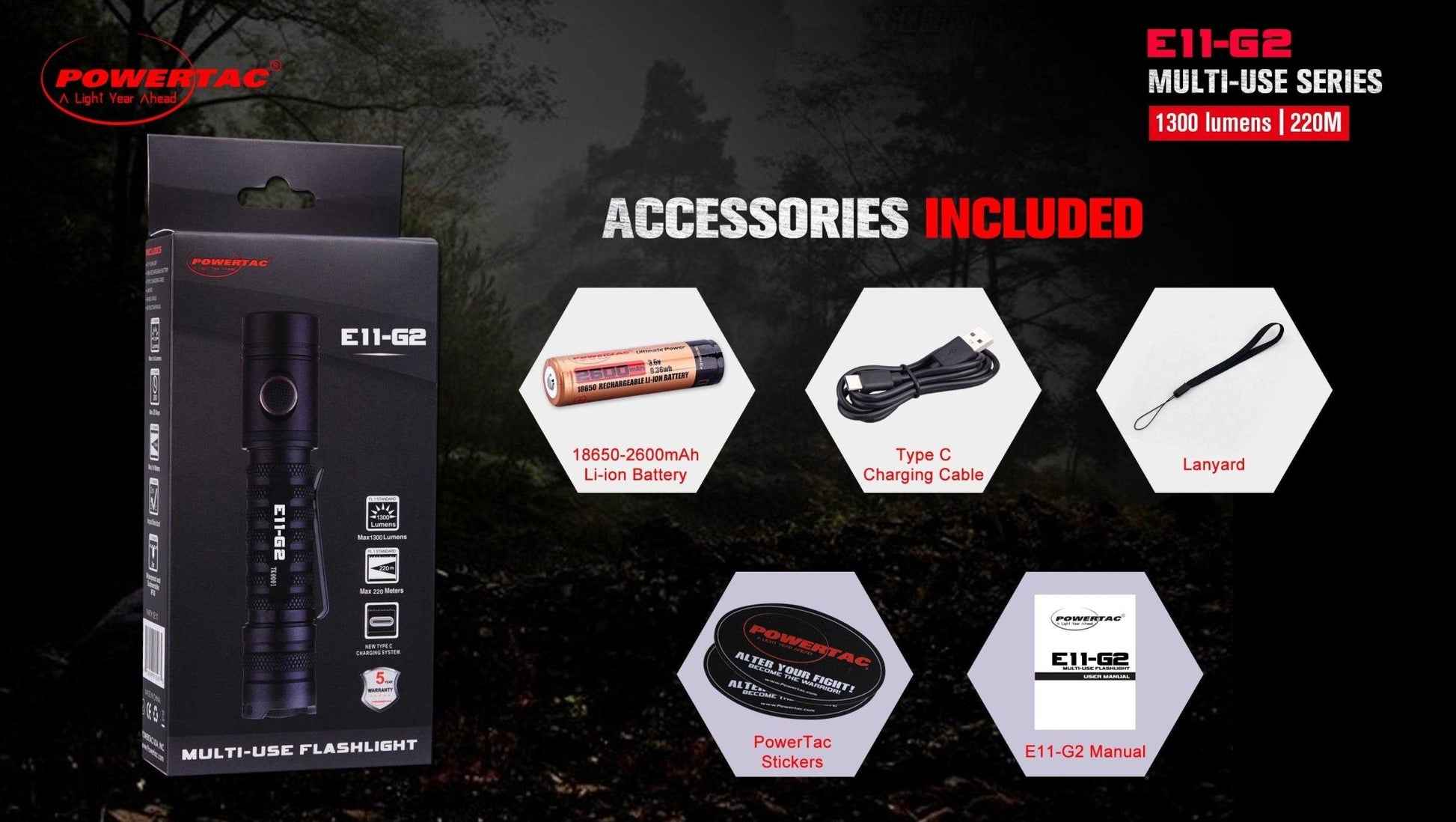 Powertac - E11 - G2 - 1300 Lumen Rechargeable EDC Flashlight - Angler's Pro Tackle & Outdoors