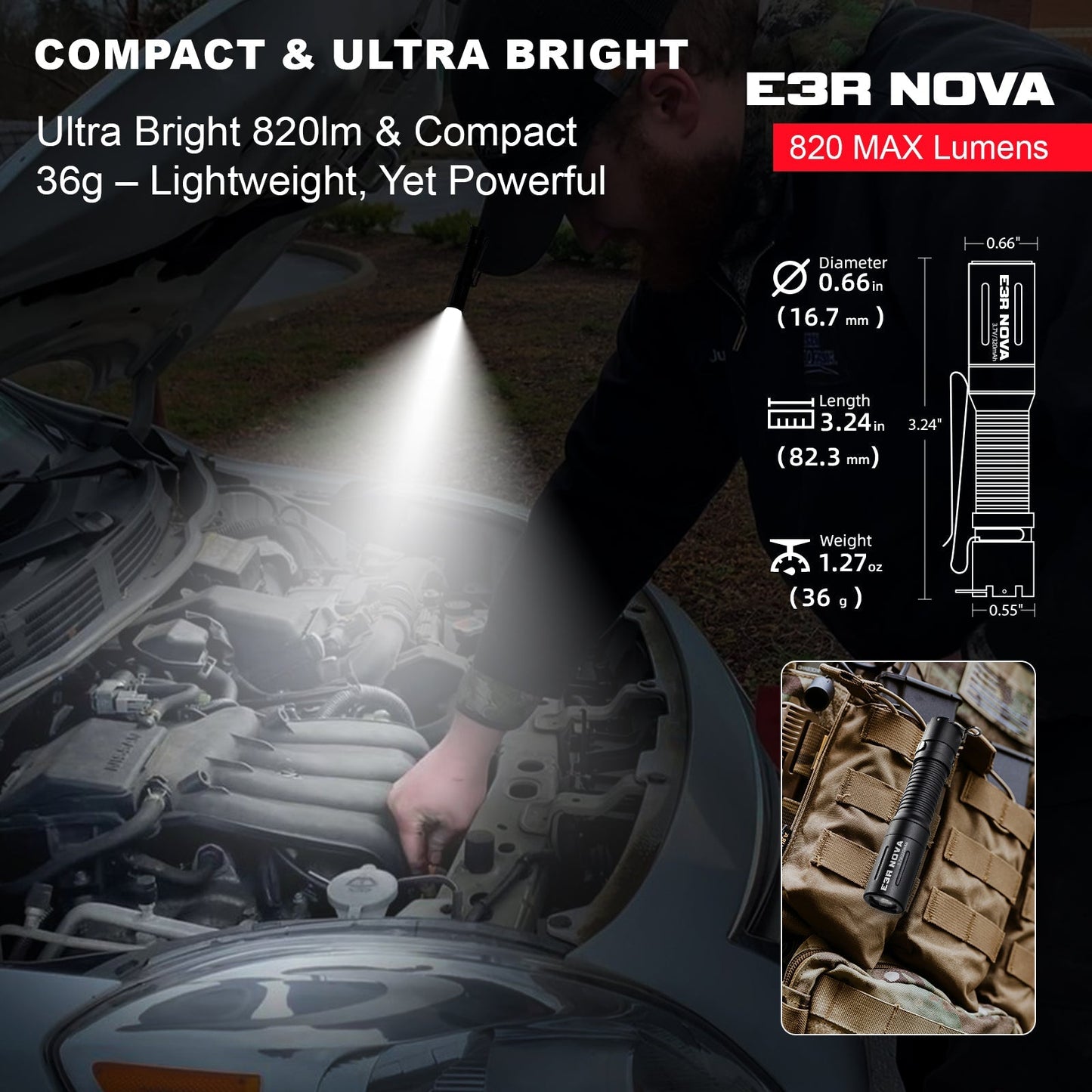 Powertac E3R Nova - 820 Lumen Rechargeable Flashlight - Angler's Pro Tackle & Outdoors