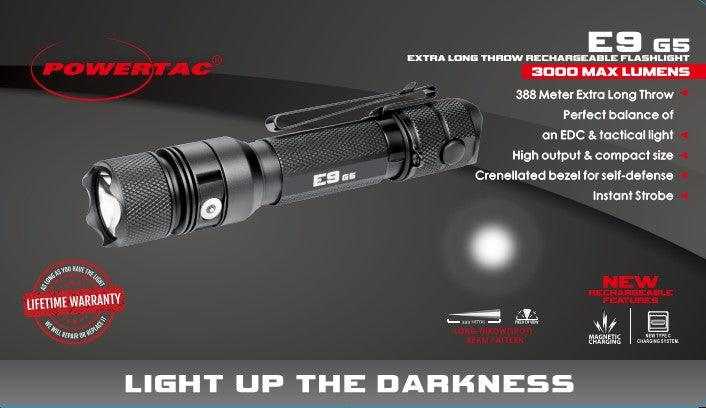 Powertac - E9 GEN5 Long Throw - 3,000 Lumen Tactical EDC Flashlight - Angler's Pro Tackle & Outdoors