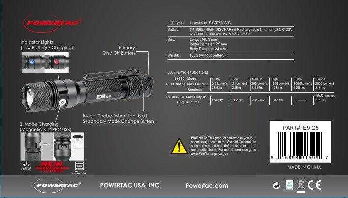 Powertac - E9 GEN5 Long Throw - 3,000 Lumen Tactical EDC Flashlight - Angler's Pro Tackle & Outdoors