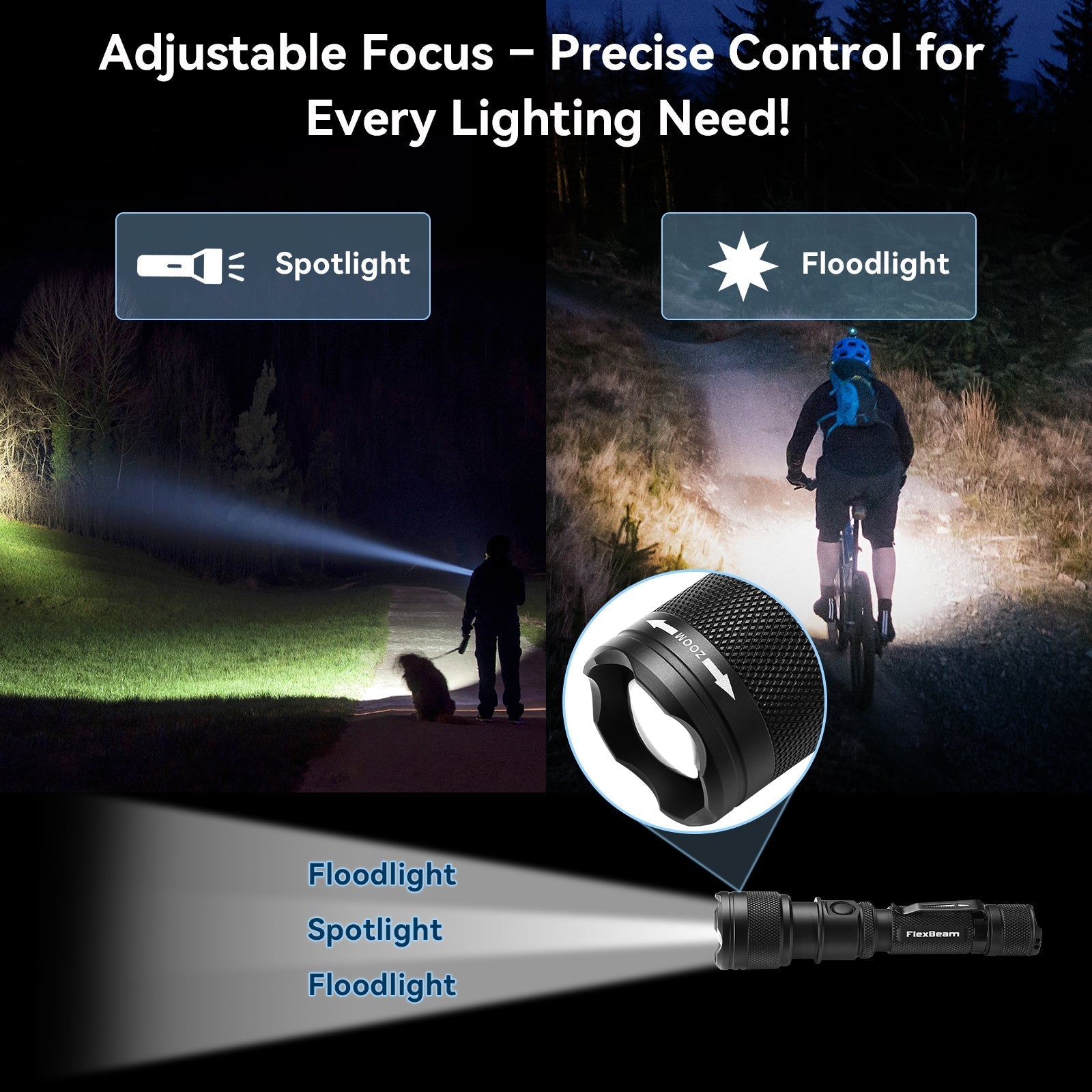 Powertac FlexBeam - 1200 Lumen Adjustable Beam Rechargeable Flashlight - Angler's Pro Tackle & Outdoors