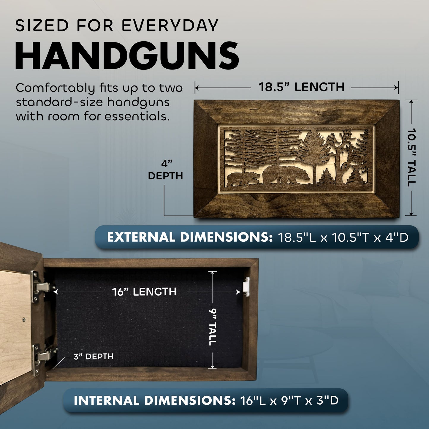 Bellewood Designs - Wood Gun Cabinet Bears In The Woods Wall Decoration - Hidden Gun Safe To Securely Store Your Gun In Plain Sigh