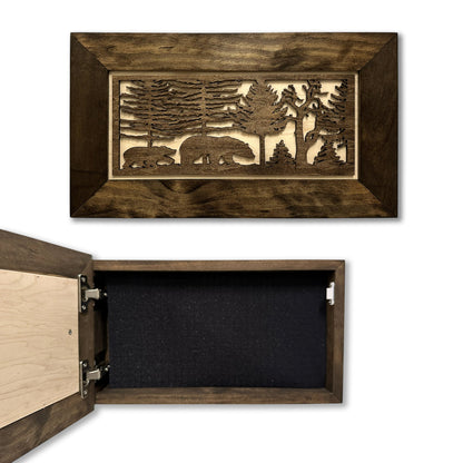 Bellewood Designs - Wood Gun Cabinet Bears In The Woods Wall Decoration - Hidden Gun Safe To Securely Store Your Gun In Plain Sigh