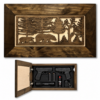 Bellewood Designs - Wood Gun Cabinet Bears In The Woods Wall Decoration - Hidden Gun Safe To Securely Store Your Gun In Plain Sigh