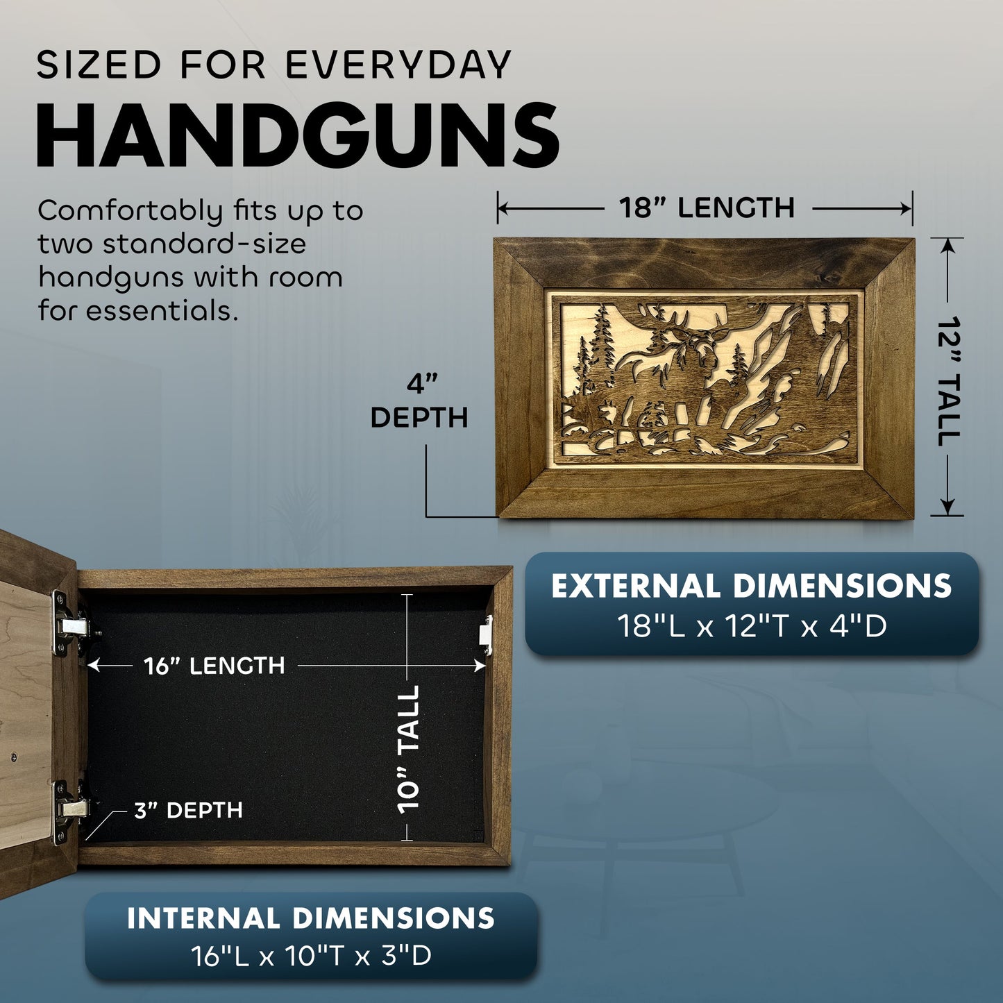 Bellewood Designs - Moose in the Woods Gun Concealment Furniture - Handcrafted Hidden Gun Storage Wall Decor - Hidden Gun Shelf with Magnetic Lock for Quick Access