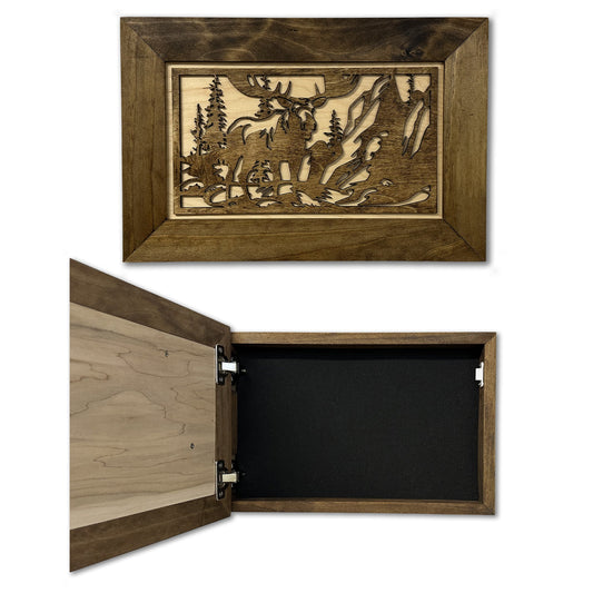 Bellewood Designs - Moose in the Woods Gun Concealment Furniture - Handcrafted Hidden Gun Storage Wall Decor - Hidden Gun Shelf with Magnetic Lock for Quick Access