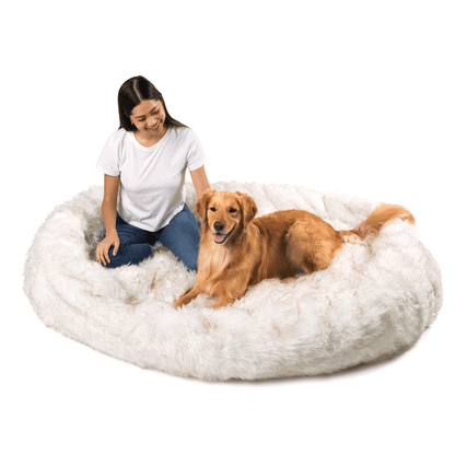 PupCloud™ Human - Size Dog Bed + Matching Waterproof Blanket Bundle - White with Brown Accents - Angler's Pro Tackle & Outdoors