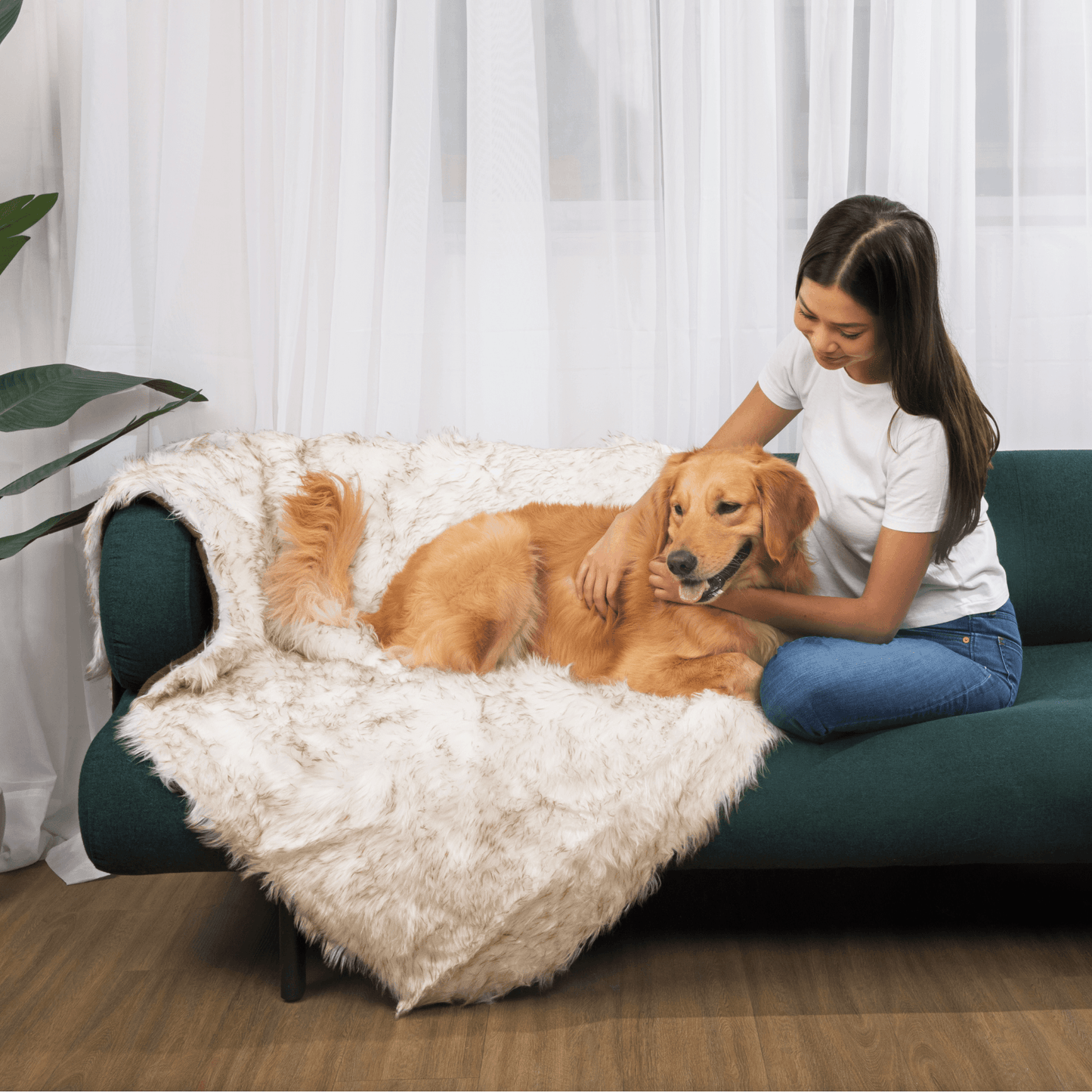 PupCloud™ Human - Size Dog Bed + Matching Waterproof Blanket Bundle - White with Brown Accents - Angler's Pro Tackle & Outdoors