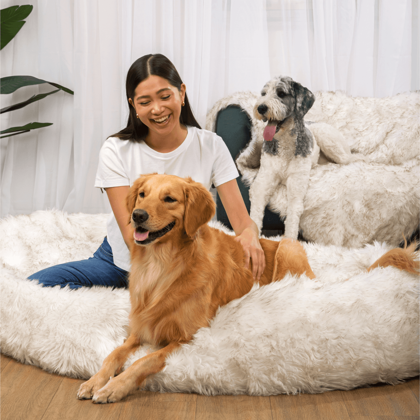 PupCloud™ Human - Size Dog Bed + Matching Waterproof Blanket Bundle - White with Brown Accents - Angler's Pro Tackle & Outdoors