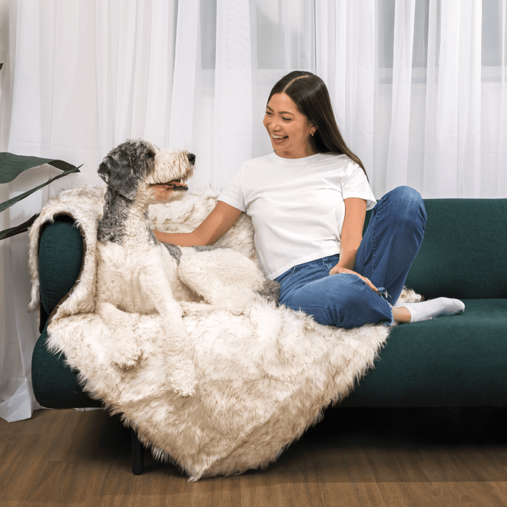 PupCloud™ Human - Size Dog Bed + Matching Waterproof Blanket Bundle - White with Brown Accents - Angler's Pro Tackle & Outdoors