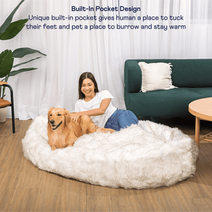 PupCloud™ Human - Size Faux Fur Memory Foam Dog Bed - White with Brown Accents - Angler's Pro Tackle & Outdoors