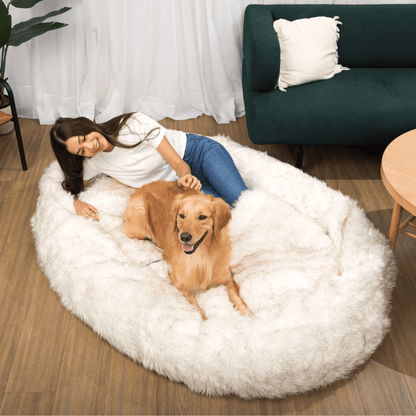 PupCloud™ Human - Size Faux Fur Memory Foam Dog Bed - White with Brown Accents - Angler's Pro Tackle & Outdoors