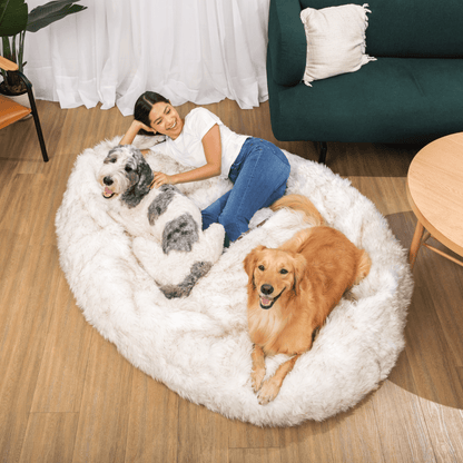 PupCloud™ Human - Size Faux Fur Memory Foam Dog Bed - White with Brown Accents - Angler's Pro Tackle & Outdoors