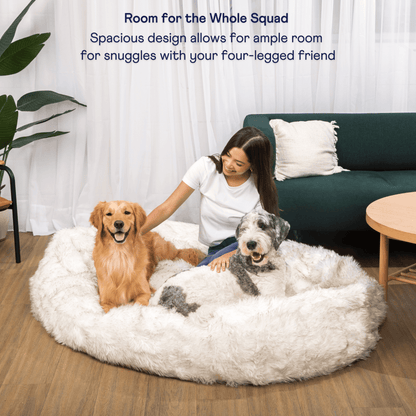 PupCloud™ Human - Size Faux Fur Memory Foam Dog Bed - White with Brown Accents - Angler's Pro Tackle & Outdoors