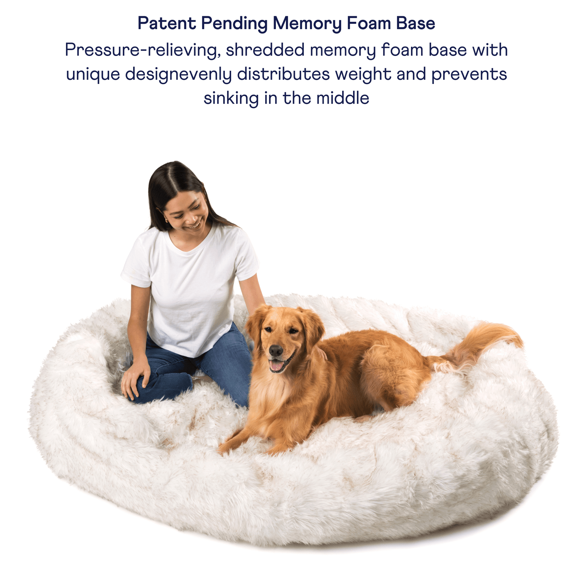 PupCloud™ Human - Size Faux Fur Memory Foam Dog Bed - White with Brown Accents - Angler's Pro Tackle & Outdoors