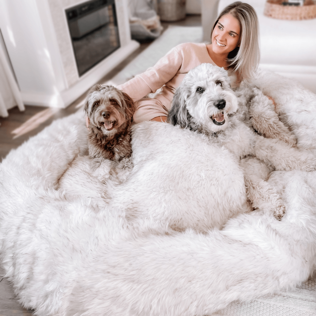 PupCloud™ Human - Size Faux Fur Memory Foam Dog Bed - White with Brown Accents - Angler's Pro Tackle & Outdoors