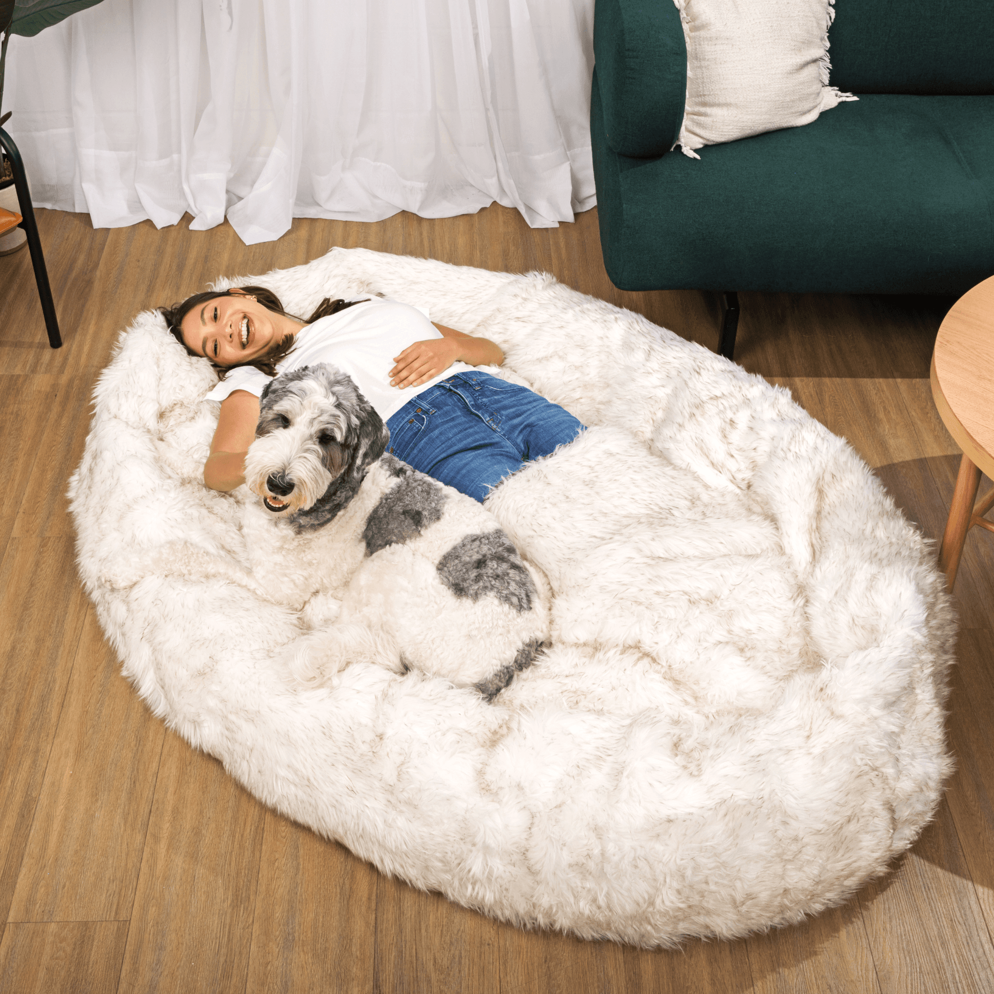 PupCloud™ Human - Size Faux Fur Memory Foam Dog Bed - White with Brown Accents - Angler's Pro Tackle & Outdoors