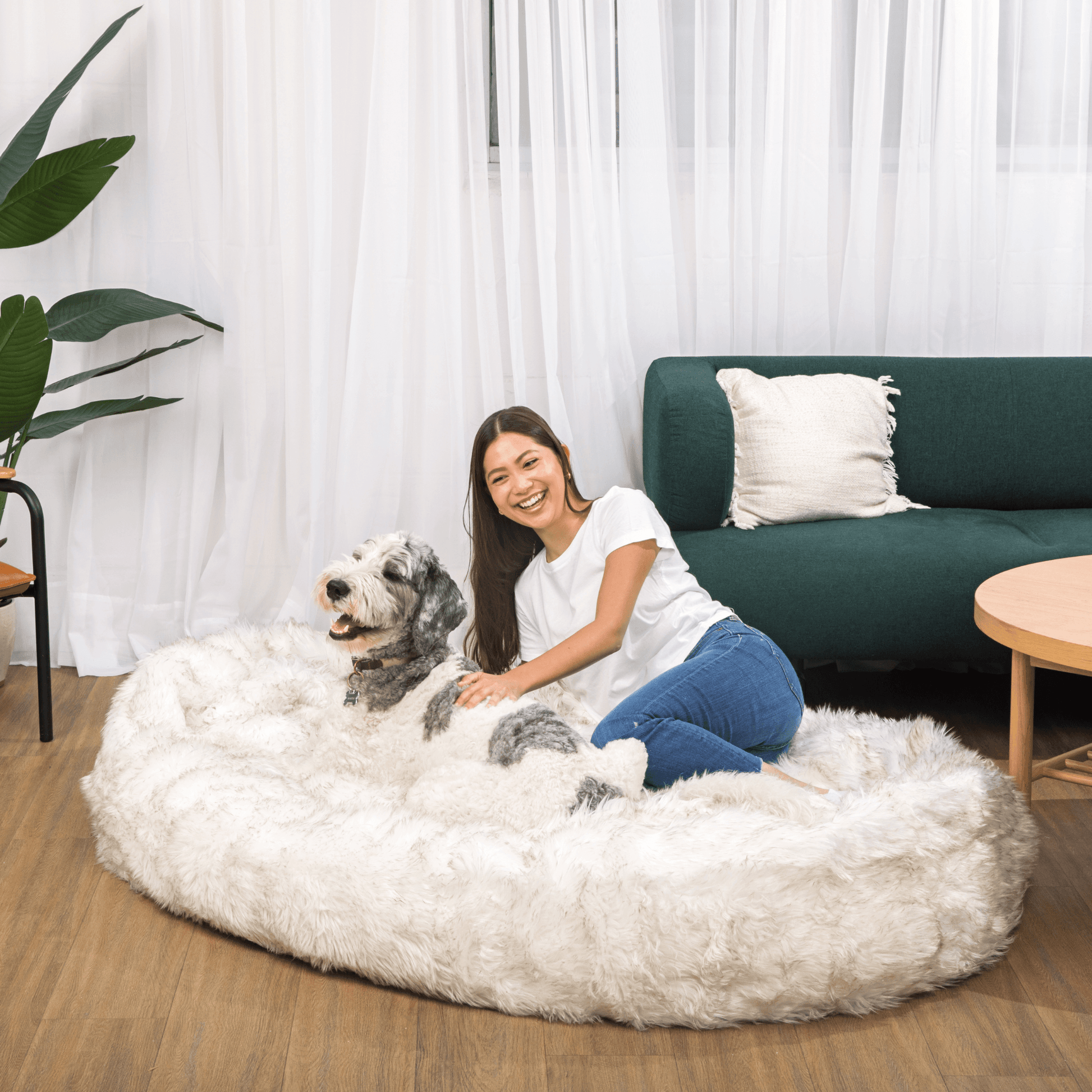 PupCloud™ Human - Size Faux Fur Memory Foam Dog Bed - White with Brown Accents - Angler's Pro Tackle & Outdoors